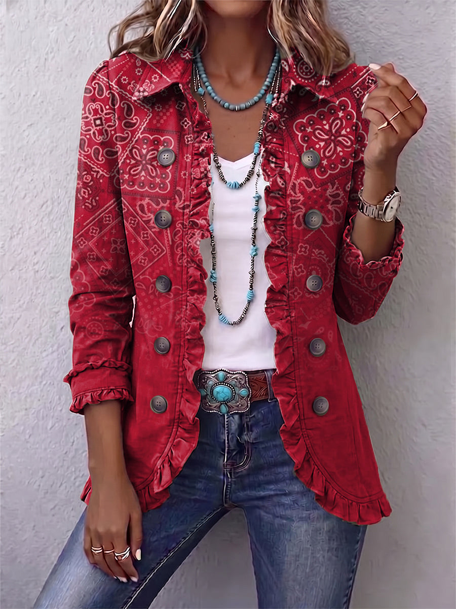 Women's red blazer with pale bandana pattern