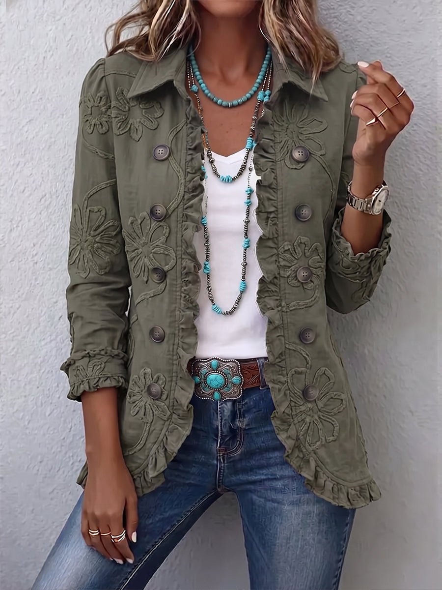 Women's olive green blazer with embroidered blooms and ruffled hem