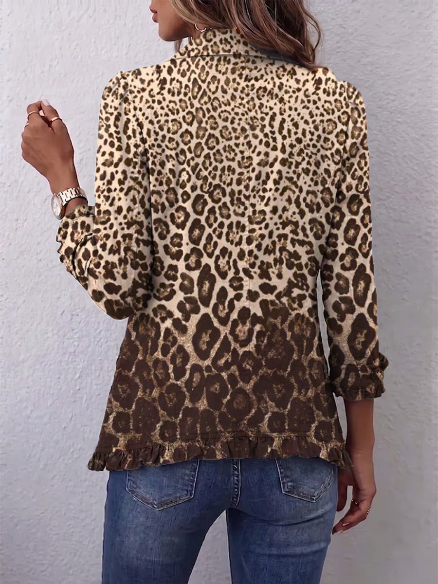 Women's blazer in warm leopard print with ruffled hem