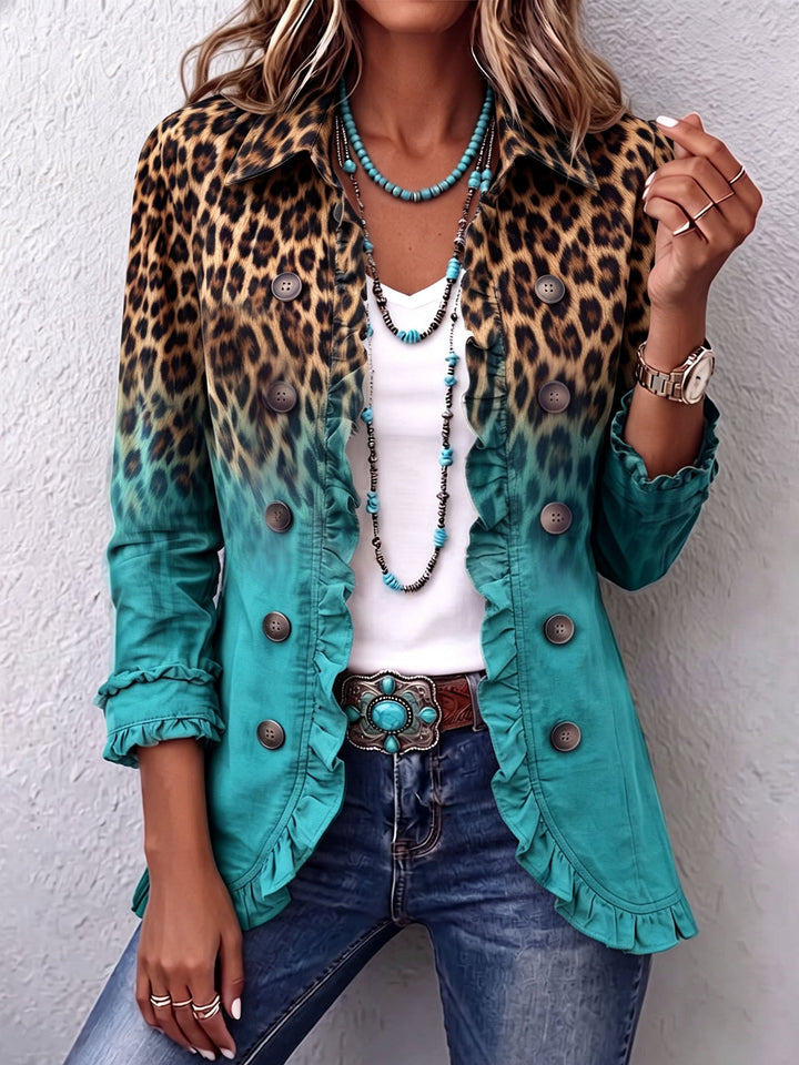 Women's blazer with leopard print fading into solid colour