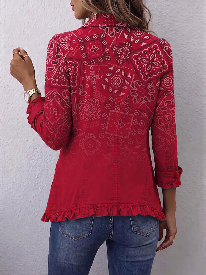 Women's red blazer with pale bandana pattern