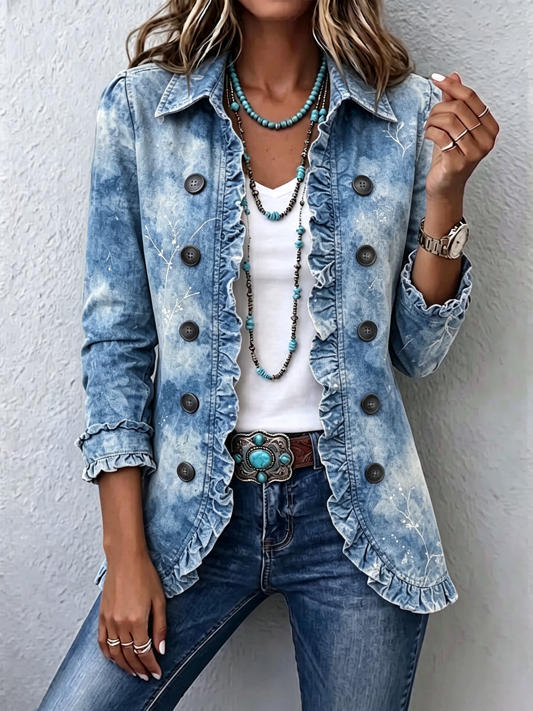 Women's light blue blazer with cloudy tie-dye effect