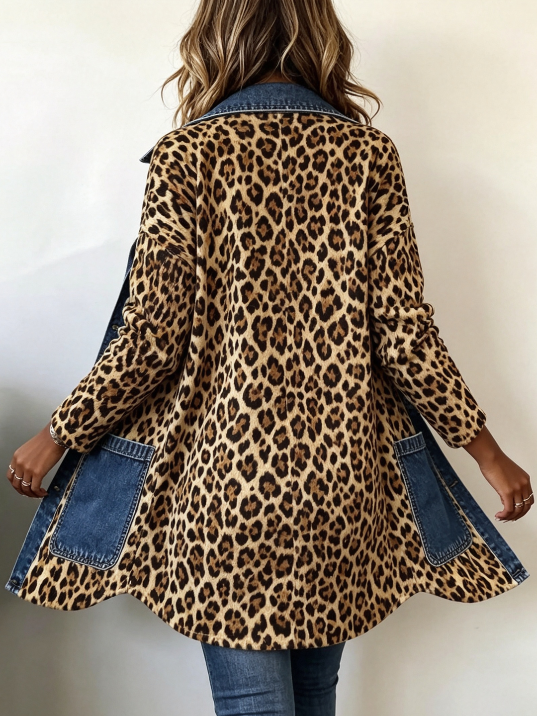 Women's long jacket in leopard print with light blue panels