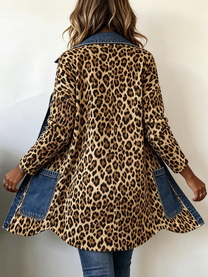 Women's long jacket in leopard print with light blue panels