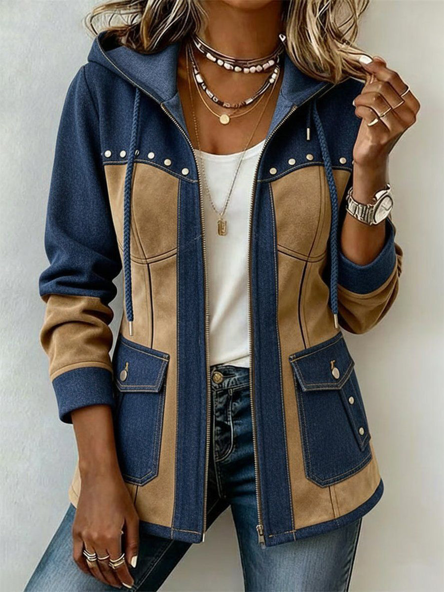 Women's hooded jacket in navy and camel patchwork