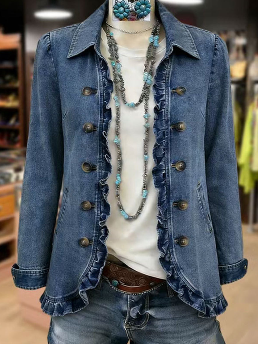 Women's mid blue blazer with ruffled placket and hem