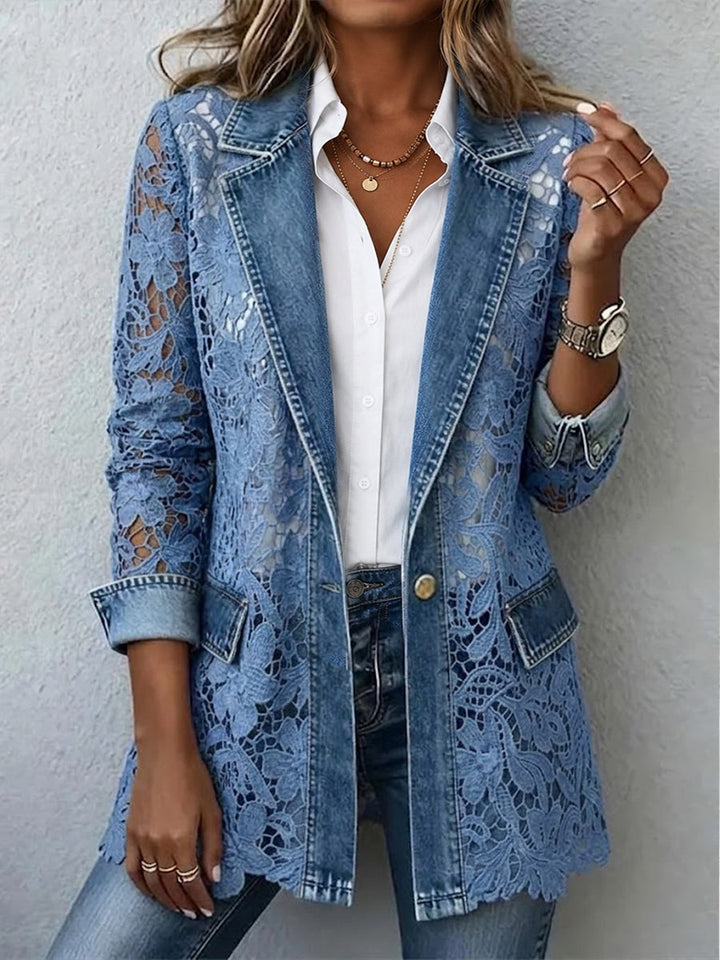 Women's blue blazer with openwork bloom pattern