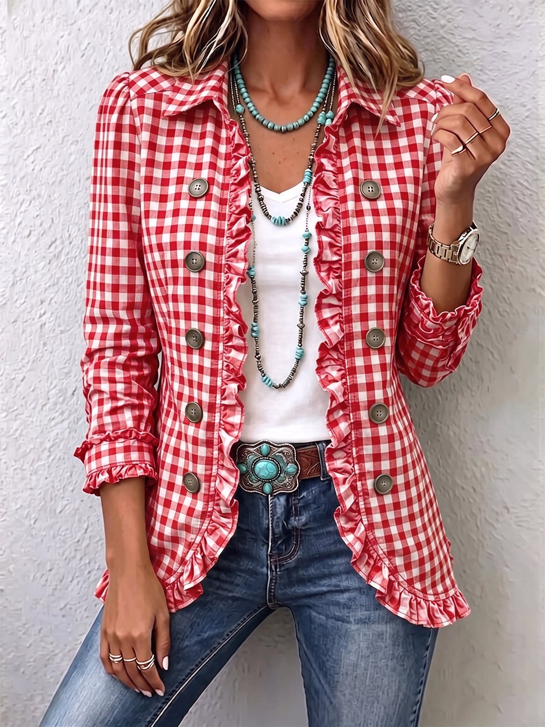 Women's blazer in small gingham check with ruffled hem