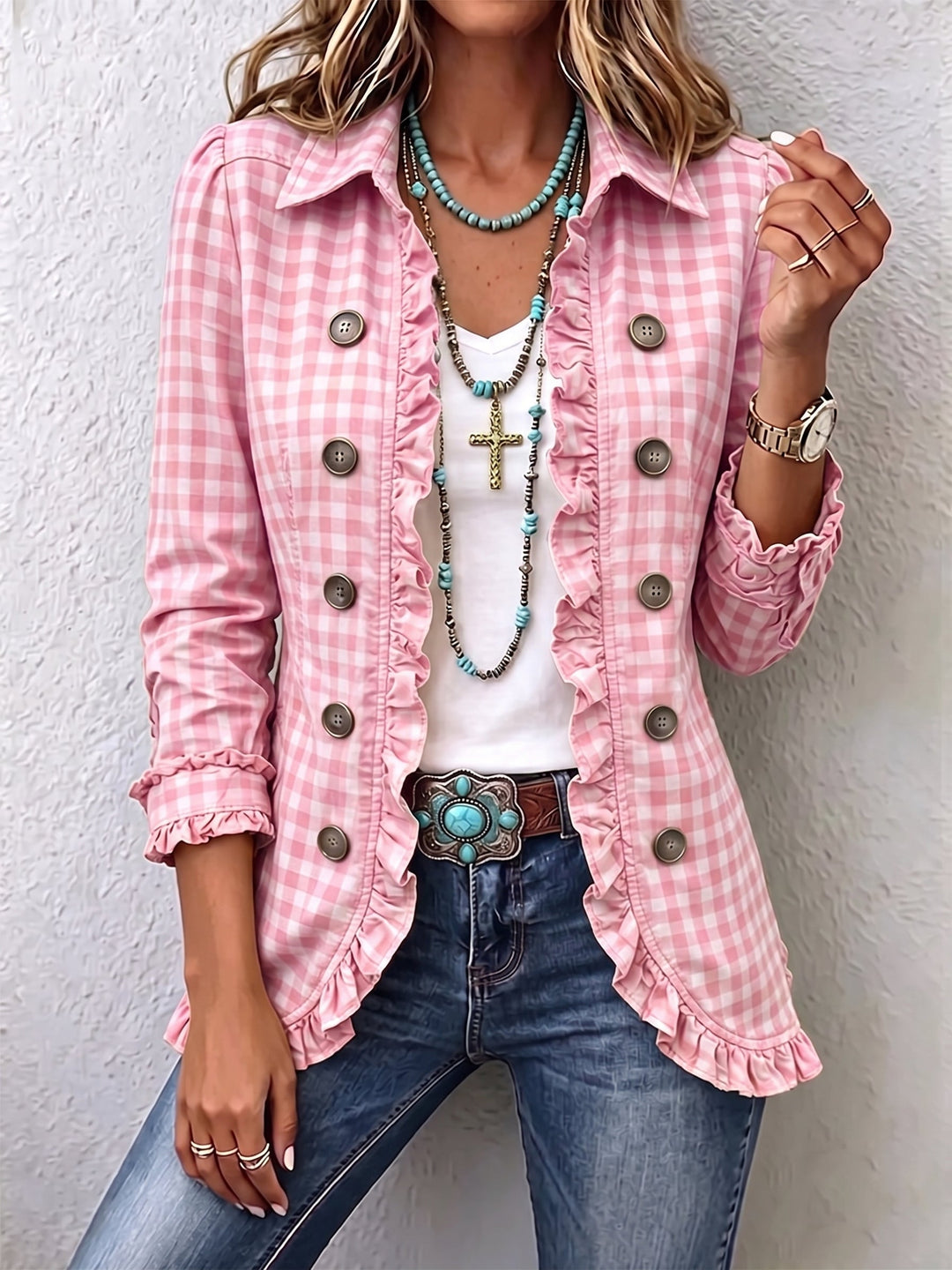 Women's blazer in small gingham check with ruffled hem