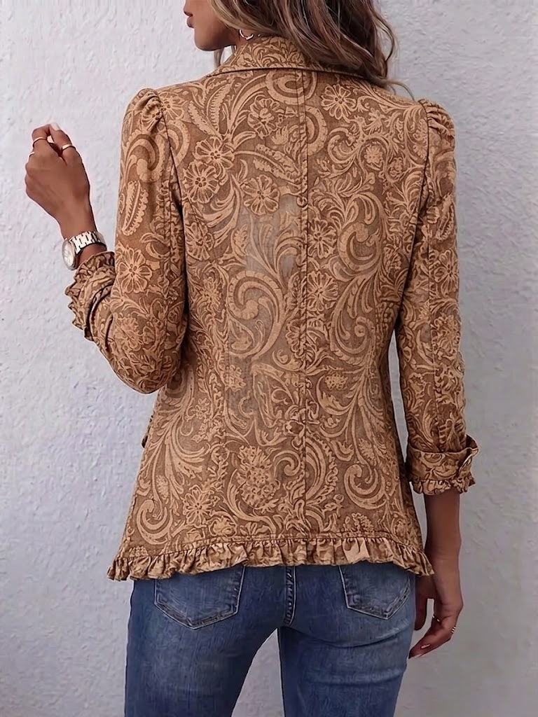 Women's caramel blazer with large tone-on-tone ornaments