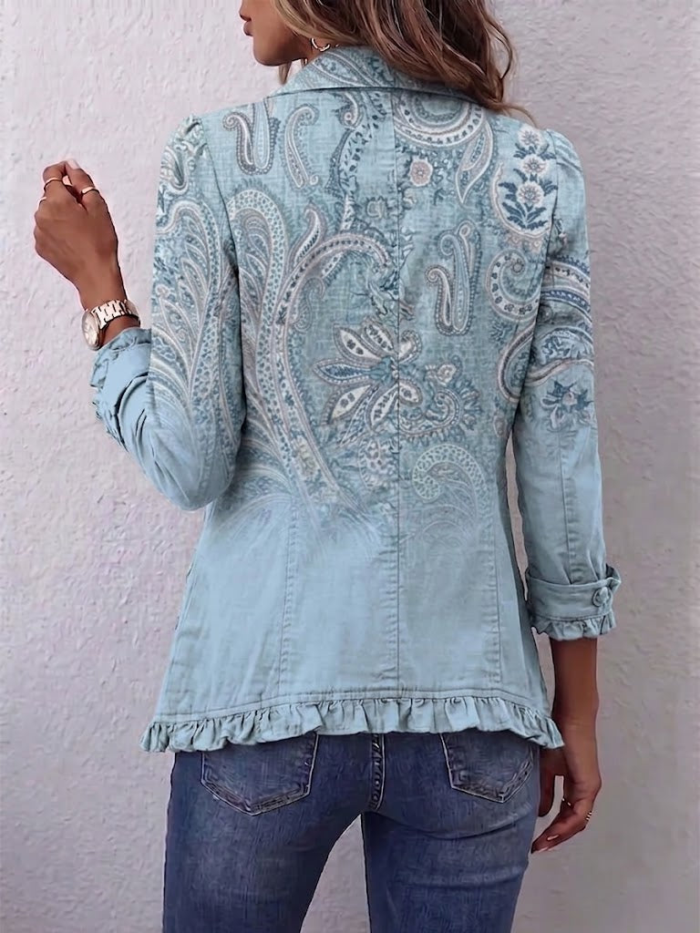 Women's light blue blazer with fine paisley pattern
