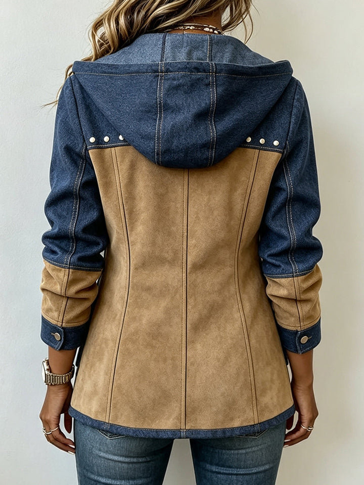 Women's hooded jacket in navy and camel patchwork