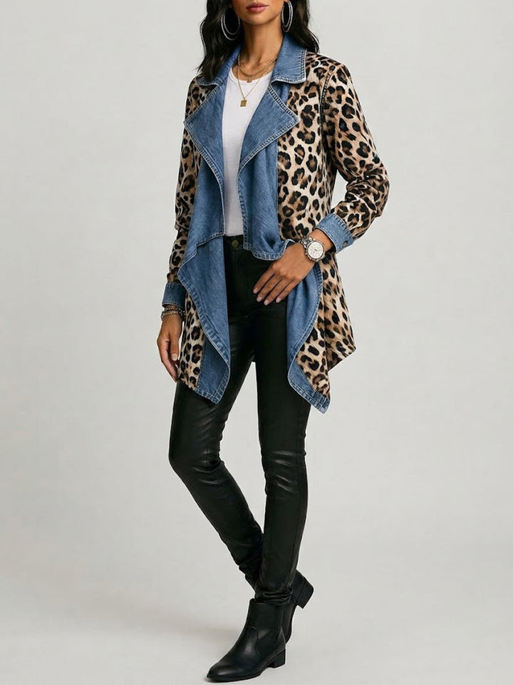 Women's waterfall jacket in leopard print with light blue panels