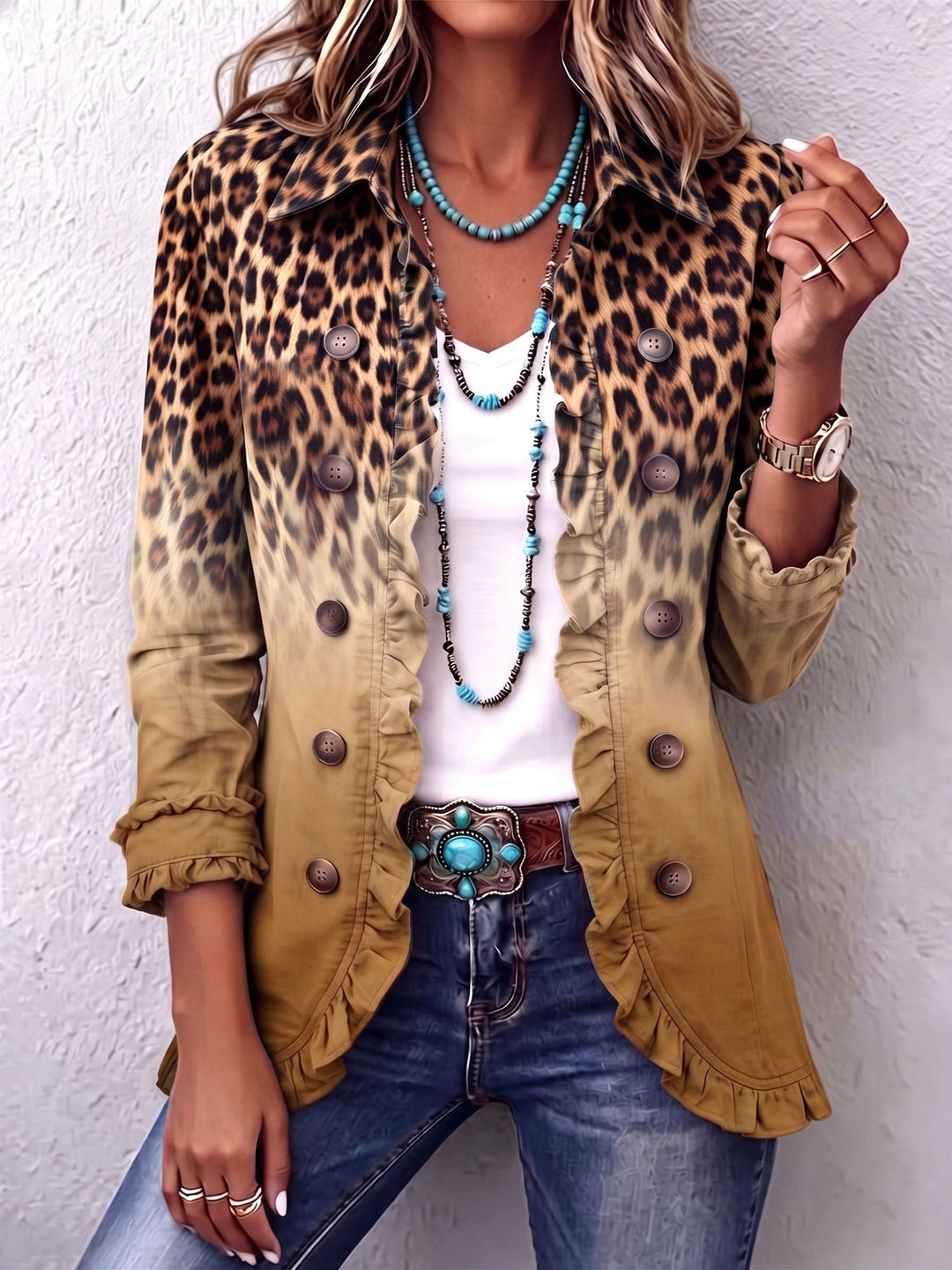 Women's blazer with leopard print fading into solid colour