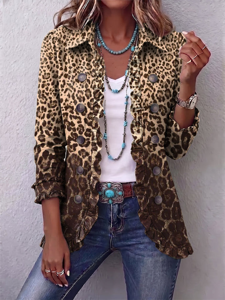 Women's blazer in warm leopard print with ruffled hem