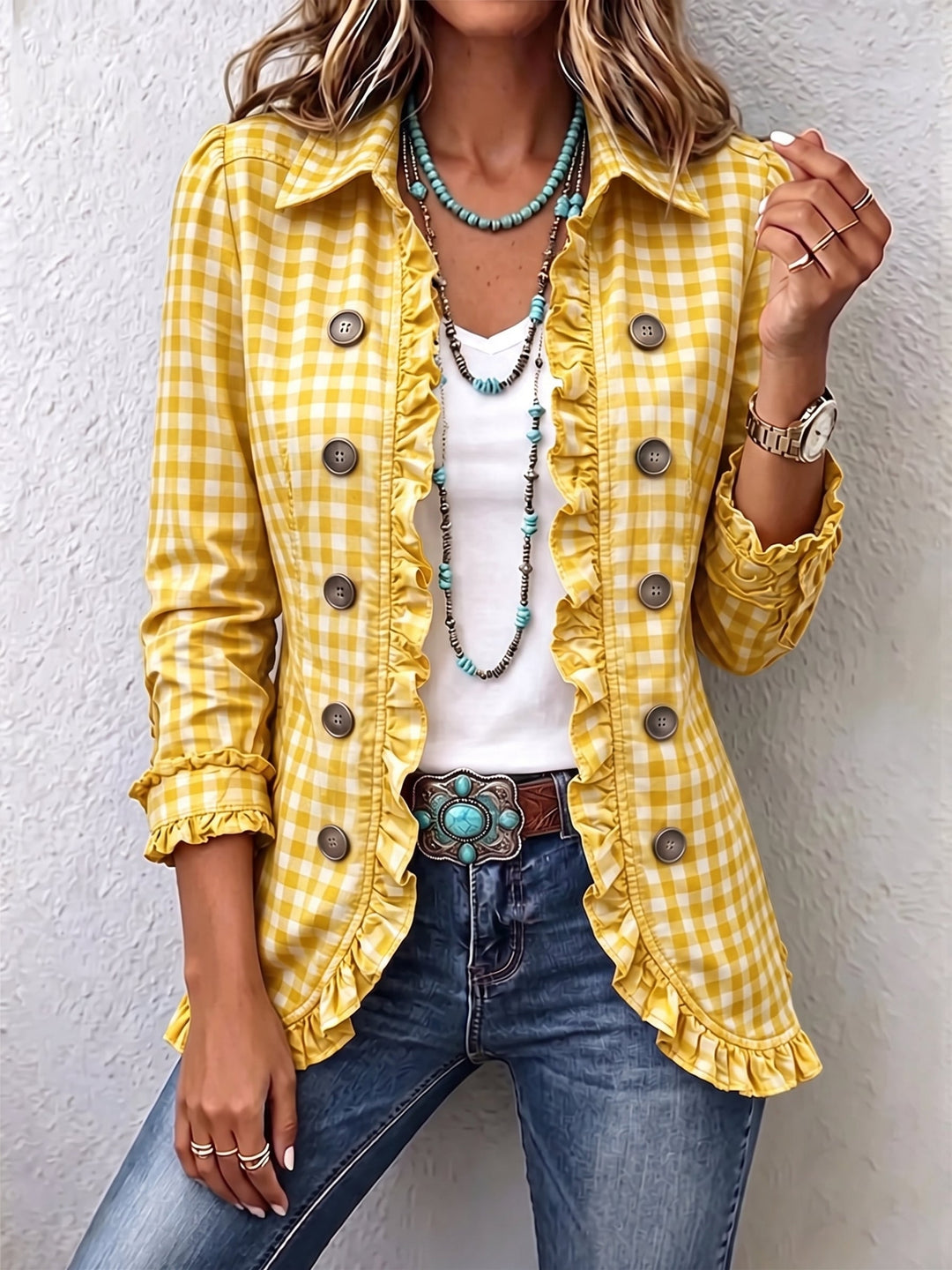 Women's blazer in small gingham check with ruffled hem