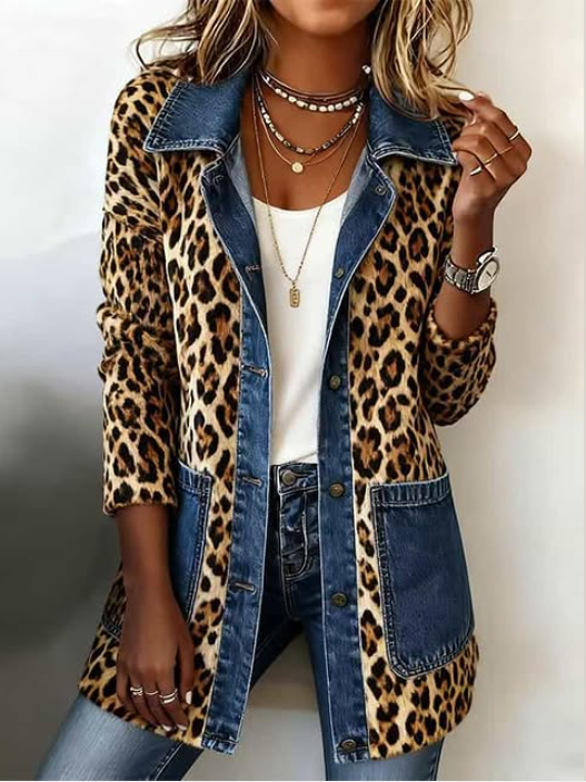 Women's long jacket in leopard print with light blue panels