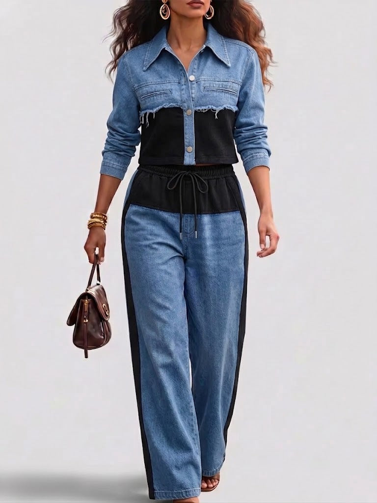 Women's two-piece set with short jacket and wide pants