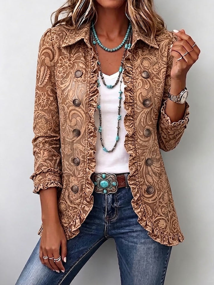 Women's caramel blazer with large tone-on-tone ornaments