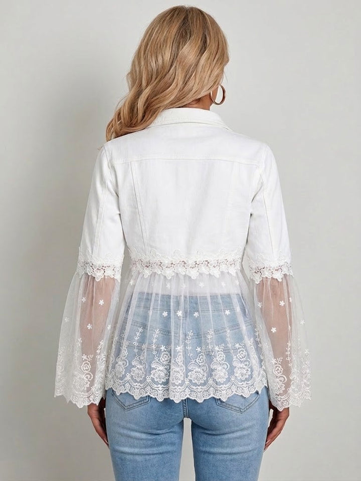 Women's short white jacket with openwork flounce
