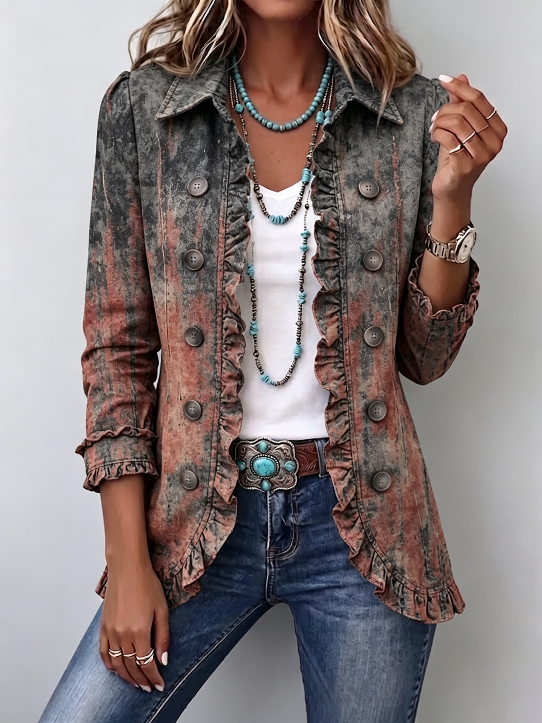 Women's blazer in a washed fade from grey-green to rust