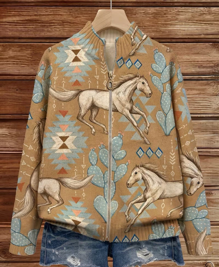 Women's caramel cardigan with horse and cactus print