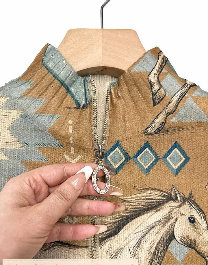 Women's caramel cardigan with horse and cactus print