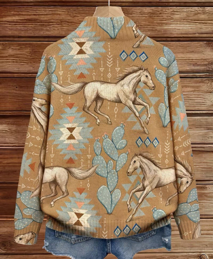 Women's caramel cardigan with horse and cactus print