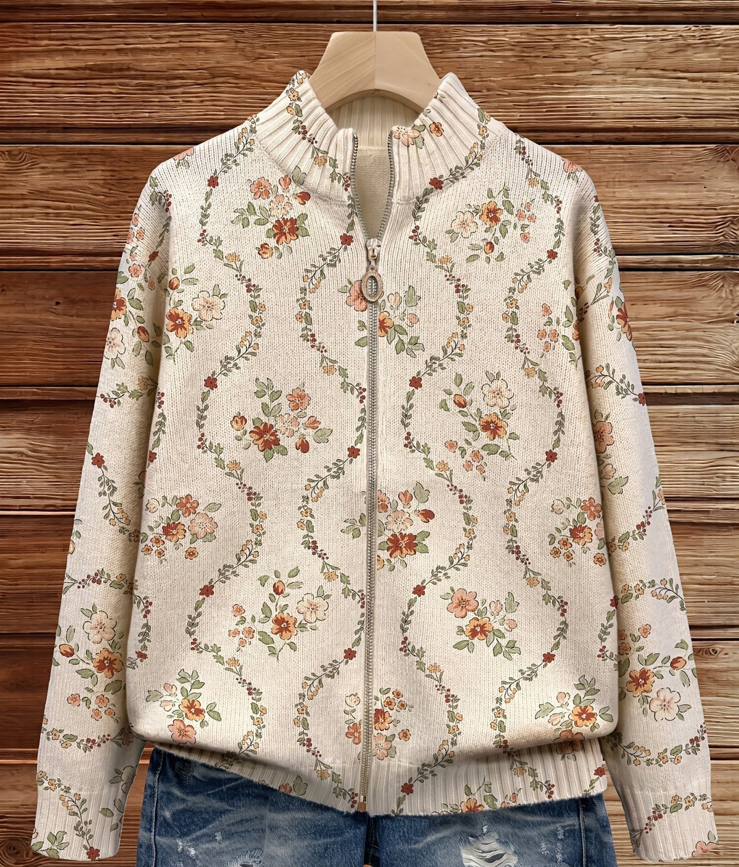Women's cream cardigan with delicate flowering vines