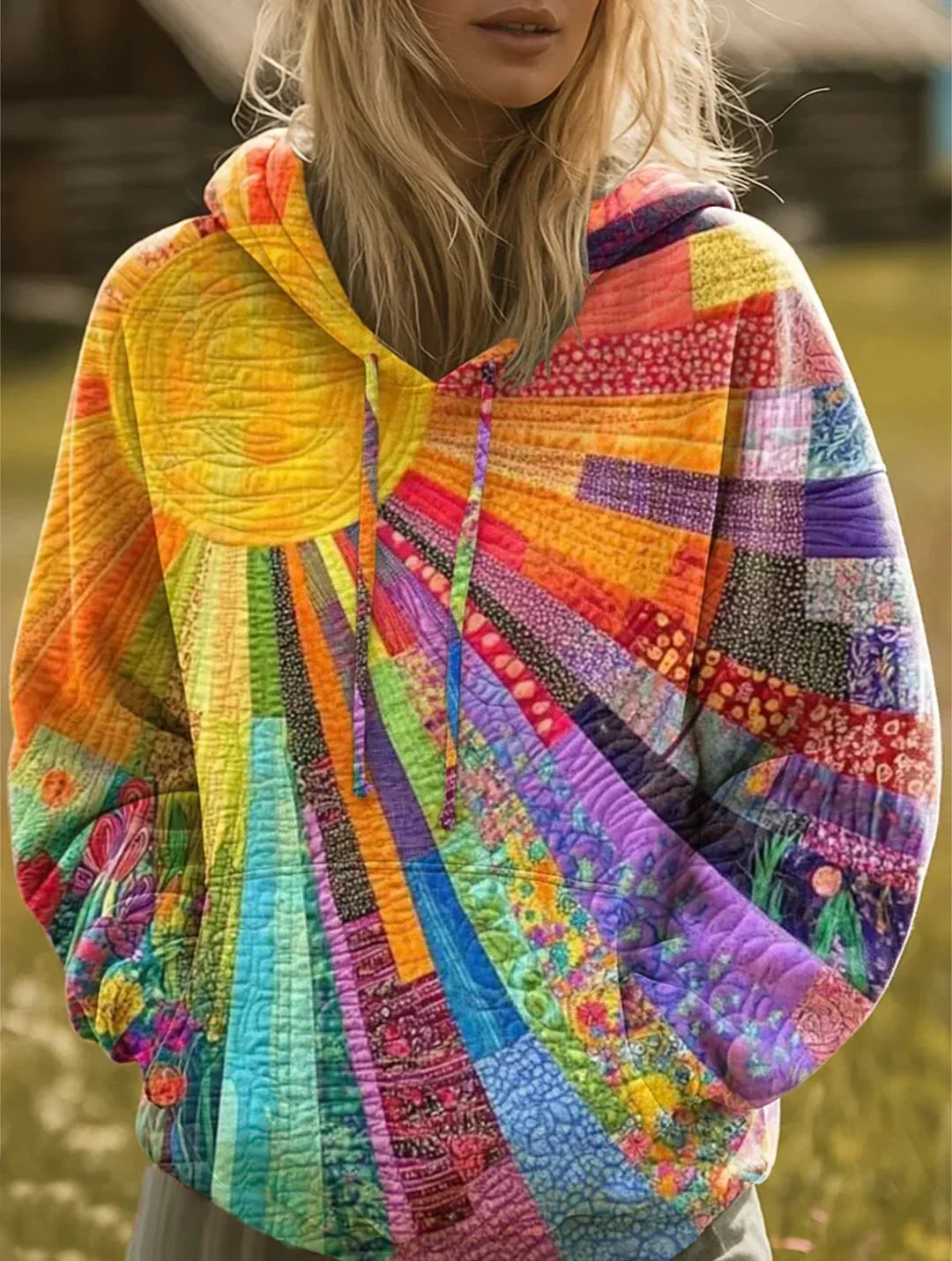 Women's cardigan with colourful rainbow patchwork and hood