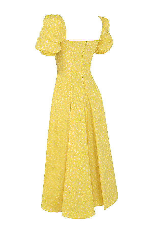 A woman wearing a floral midi dress with puff sleeves and a tie-front bodice, standing in the sunshine.