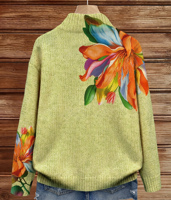 Women's lime green cardigan with large tropical blooms