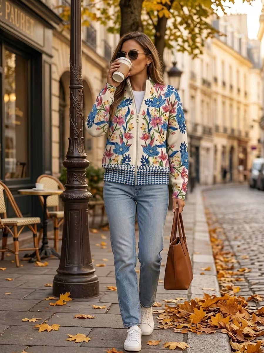 Women's cream cardigan with colourful folk flowers