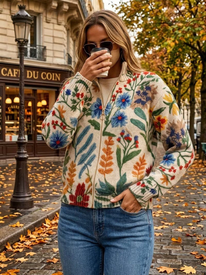 Women's cream cardigan with colourful folk flowers