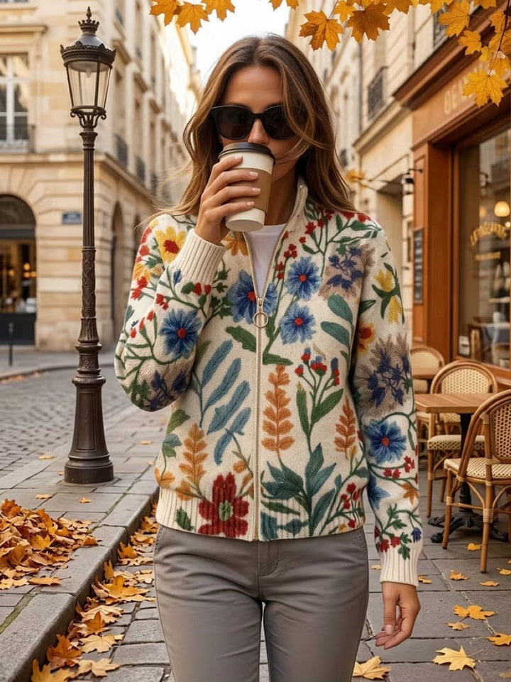 Women's cream cardigan with colourful folk flowers