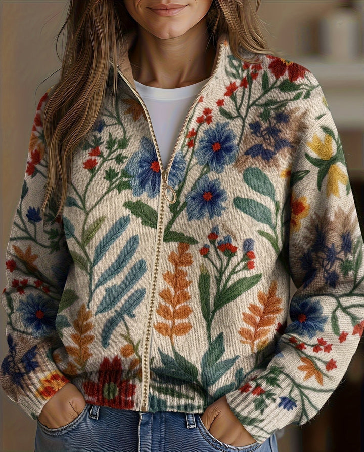 Women's cream cardigan with colourful folk flowers