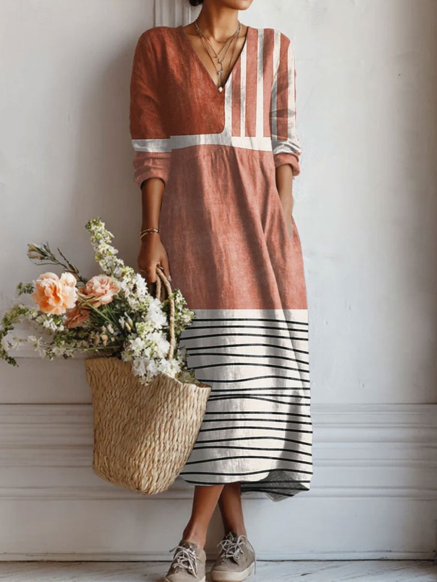 A woman wearing a soft, comfortable day dress, looking relaxed and well put-together.
