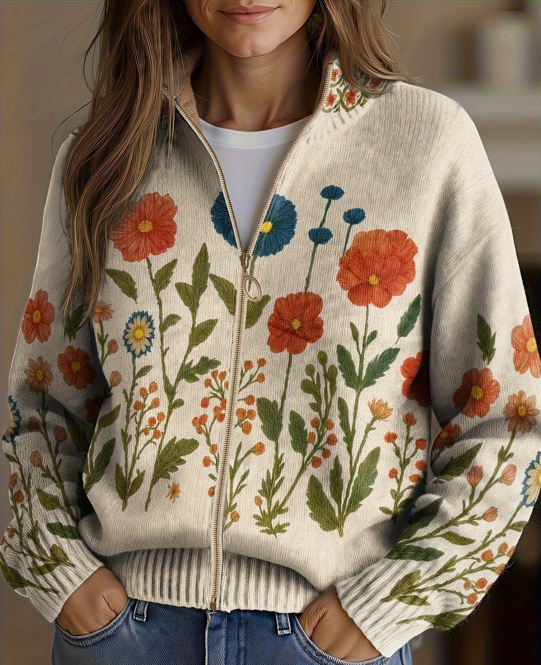 Women's cream cardigan with poppies and meadow flowers
