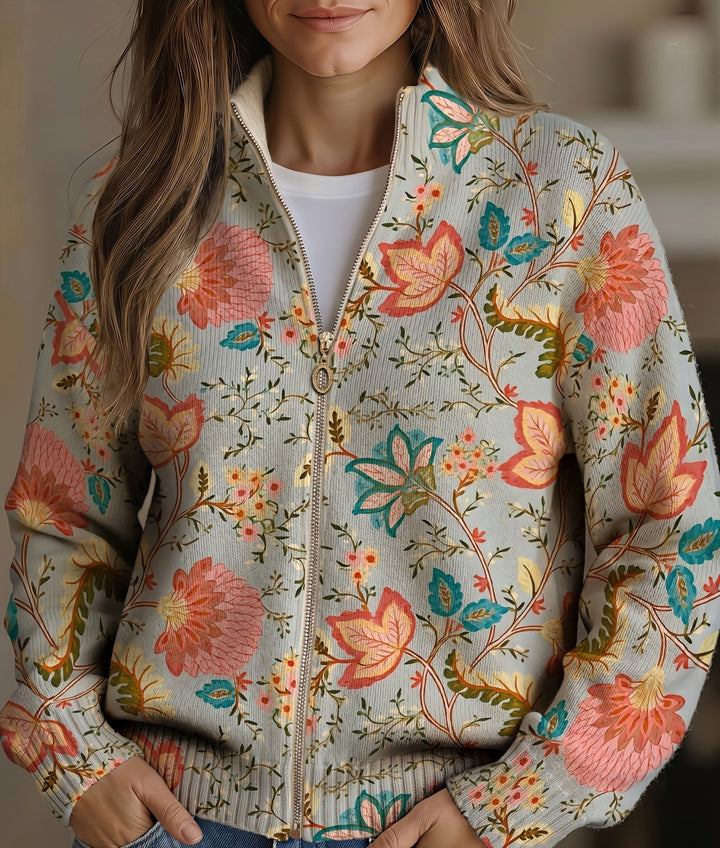 Women's sage grey cardigan with large vintage blooms