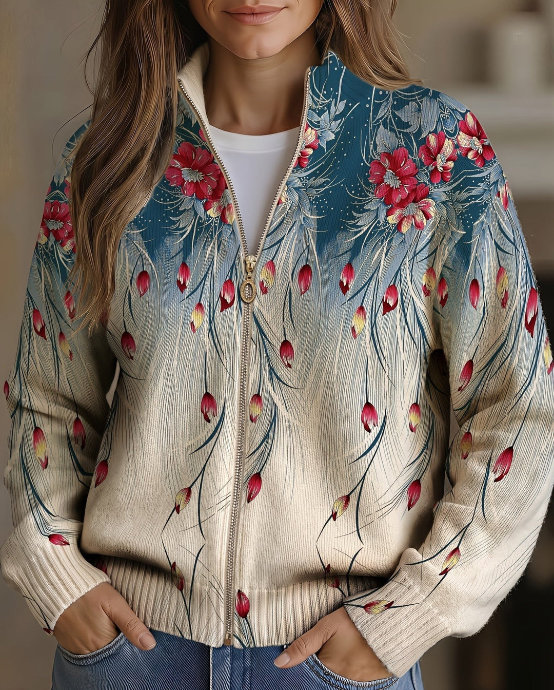 Women's cream cardigan with blue feathers and red blooms